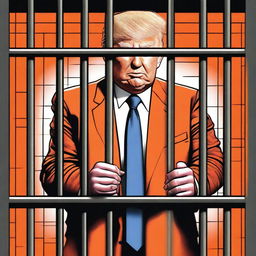 A high-quality, digital artwork depicting Donald Trump behind bars