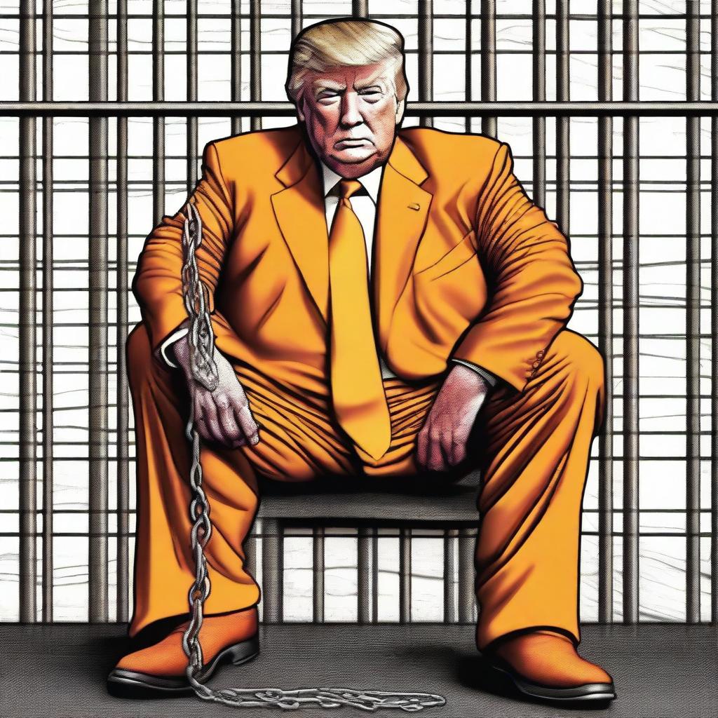 A striking digital art piece showcasing Donald Trump in an orange jumpsuit, behind bars, with leg irons and chains