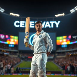 A medium shot of a cricket player standing confidently in the center of a brightly lit cricket stadium