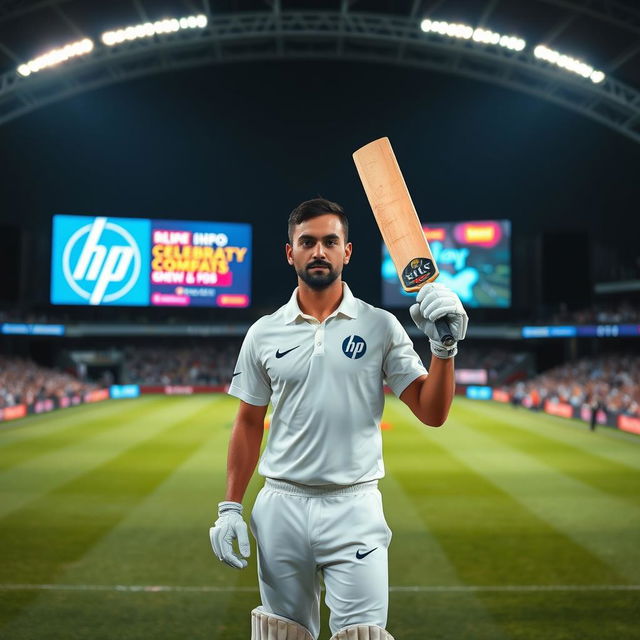 A medium shot of a cricket player standing confidently in the center of a brightly lit cricket stadium