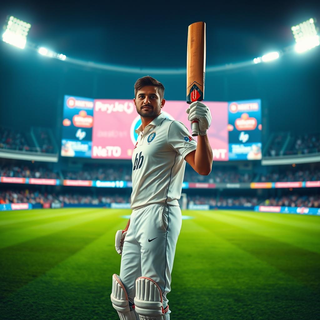 A medium shot of a cricket player standing confidently in the center of a brightly lit cricket stadium