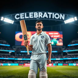 A medium shot of a cricket player standing confidently in the center of a brightly lit cricket stadium