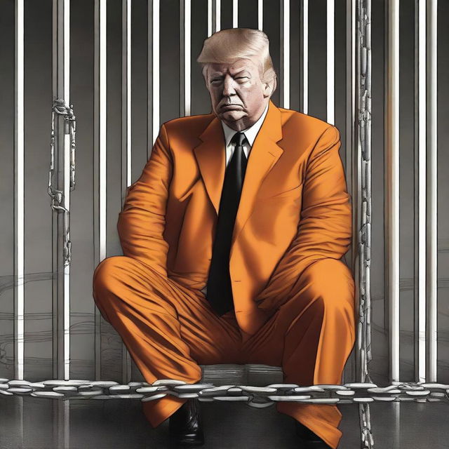 A striking digital art piece showcasing Donald Trump in an orange jumpsuit, behind bars, with leg irons and chains