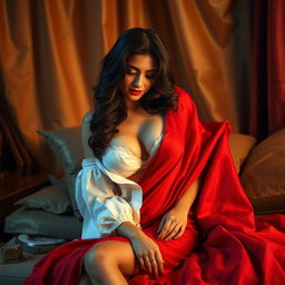 A hot Indian brunette maid playfully undressing her red saree while sitting gracefully in a cozy, intimate setting