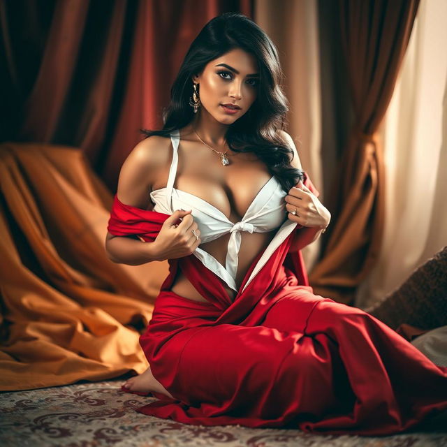 A hot Indian brunette maid playfully undressing her red saree while sitting gracefully in a cozy, intimate setting