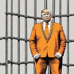 A striking digital art piece showcasing Donald Trump in an orange jumpsuit, behind bars, with leg irons and chains