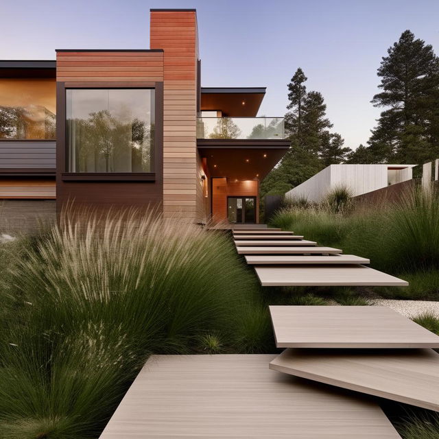 Modern house with aesthetically pleasing landscaping and sleek composite steps