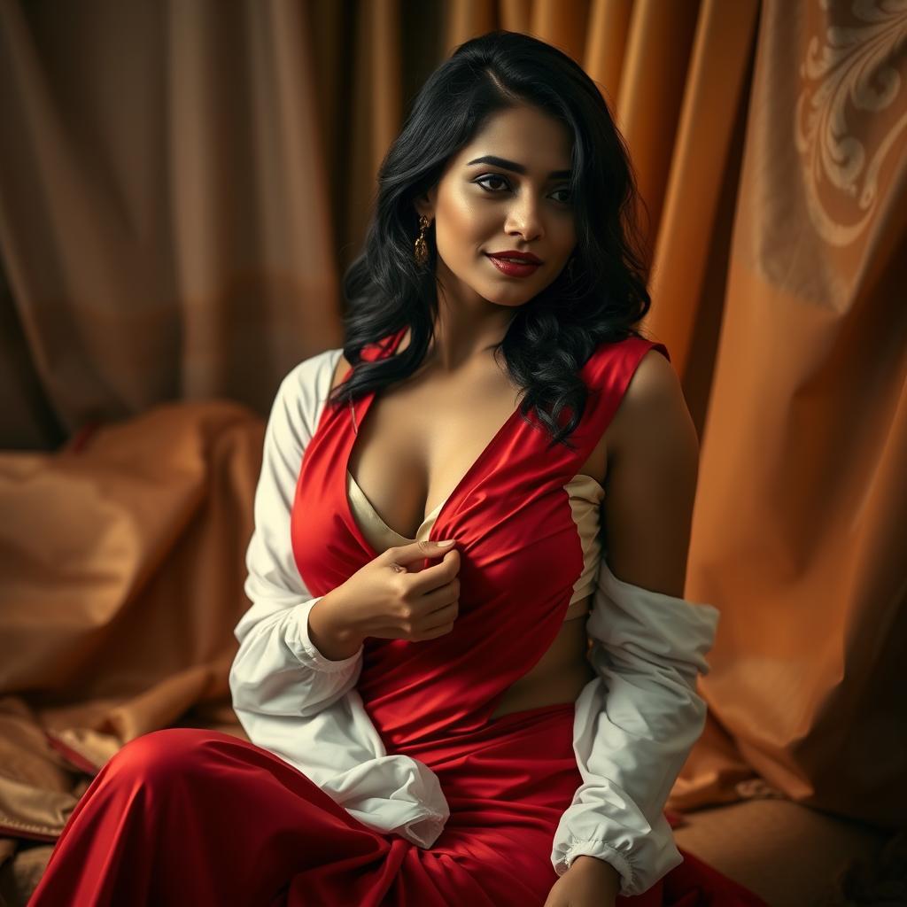 A hot Indian brunette maid playfully undressing her red saree, showcasing her curves and hinting at her figure while sitting in an intimate setting