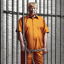 A striking digital art piece showcasing Donald Trump in an orange jumpsuit, behind bars, with leg irons and chains