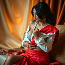 A hot Indian brunette maid playfully undressing her red saree, showcasing her curves and hinting at her figure while sitting in an intimate setting
