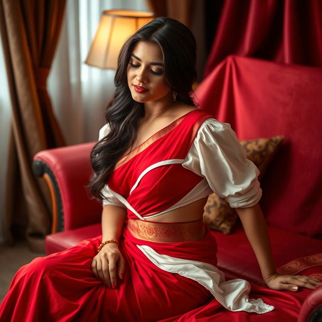 A hot Indian brunette maid playfully undressing her red saree, showcasing her curves and hinting at her figure while sitting in an intimate setting