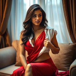 A hot Indian brunette maid playfully undressing her red saree, showcasing her curves and hinting at her figure while sitting in an intimate setting