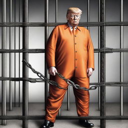 An impactful digital art piece showcases Donald Trump in an orange jumpsuit, behind bars, with leg irons and chains, and without his signature hair