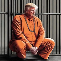 An impactful digital art piece showcases Donald Trump in an orange jumpsuit, behind bars, with leg irons and chains, and without his signature hair