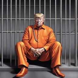 An impactful digital art piece showcases Donald Trump in an orange jumpsuit, behind bars, with leg irons and chains, and without his signature hair