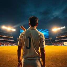 A wide-angle shot of a cricket stadium buzzing with energy under the golden hour light, transitioning into twilight