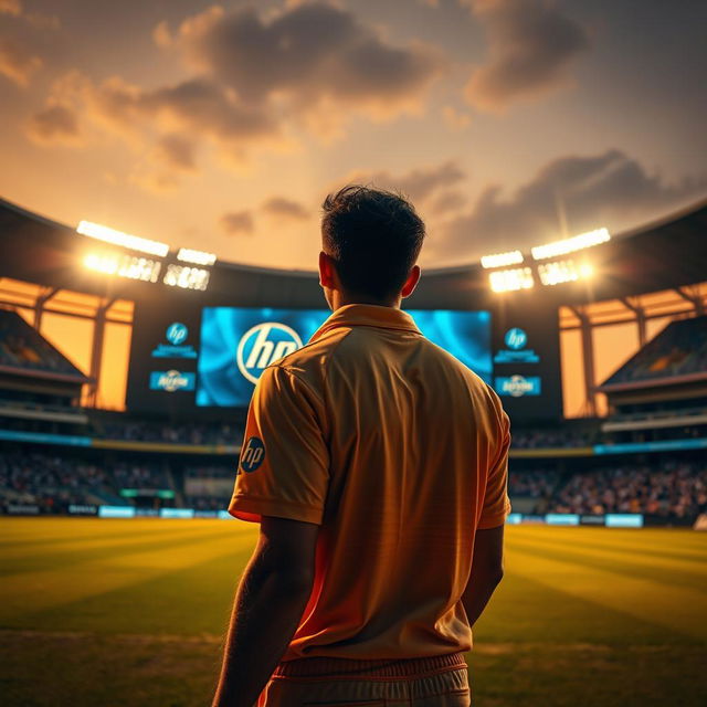 A wide-angle shot of a cricket stadium buzzing with energy under the golden hour light, transitioning into twilight