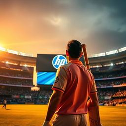 A wide-angle shot of a cricket stadium buzzing with energy under the golden hour light, transitioning into twilight