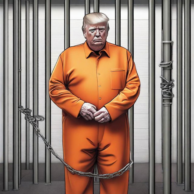 An impactful digital art piece showcases Donald Trump in an orange jumpsuit, behind bars, with leg irons and chains, and without his signature hair