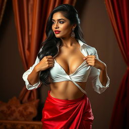 A hot Indian brunette maid playfully undressing her stunning red saree, showcasing her beautiful figure and ample cleavage