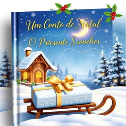 A beautiful and whimsical book cover for 'Um Conto de Natal - O Presente dos Sonhos'
