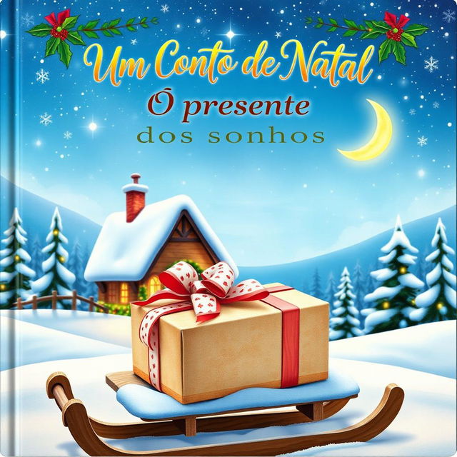 A beautiful and whimsical book cover for 'Um Conto de Natal - O Presente dos Sonhos'