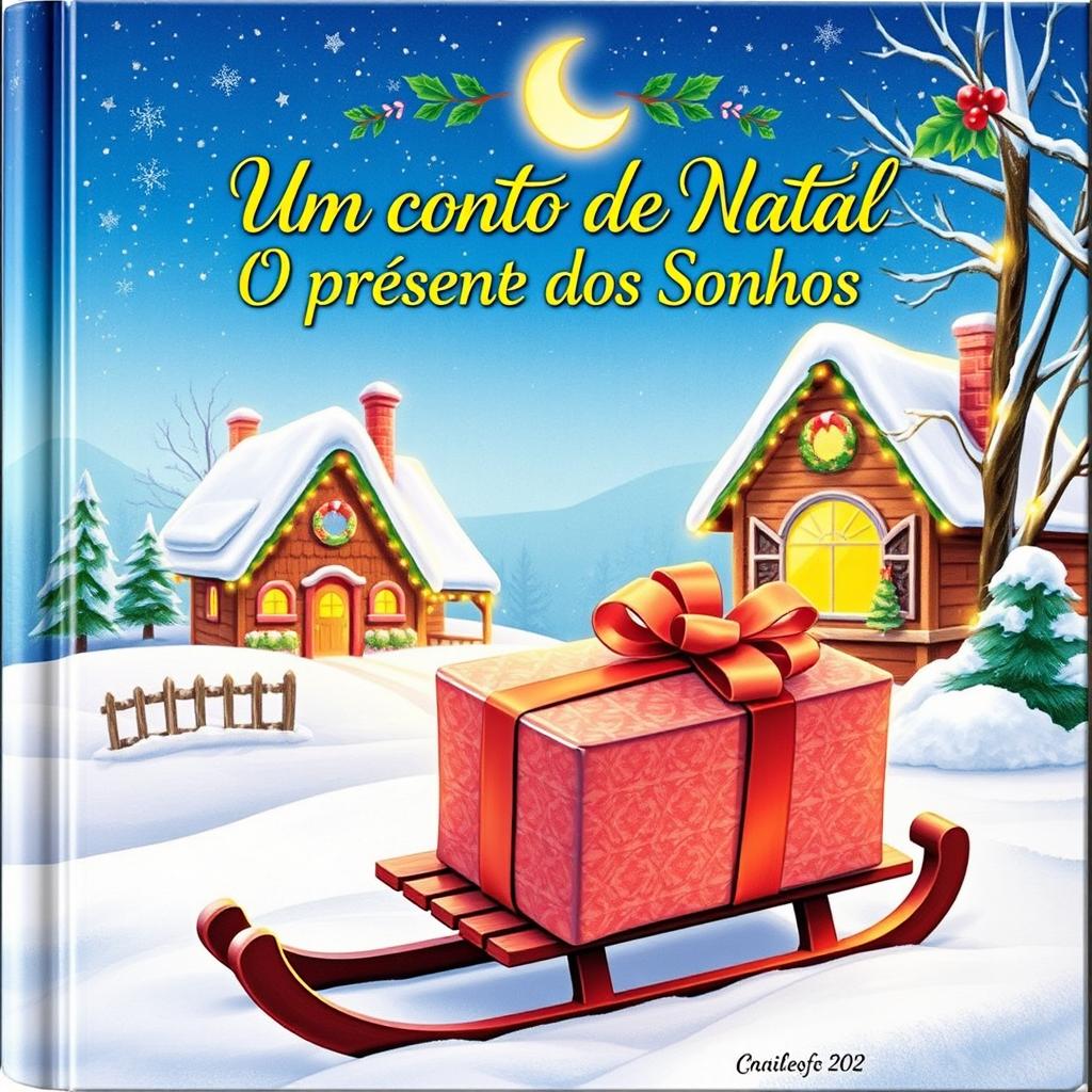 A beautiful and whimsical book cover for 'Um Conto de Natal - O Presente dos Sonhos'