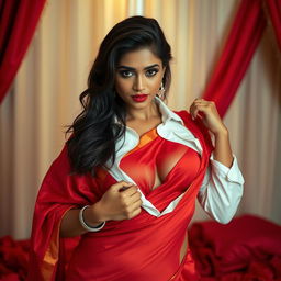 A hot Indian brunette maid playfully undressing her vibrant red saree, teasingly revealing her beautiful features and hinting at her figure