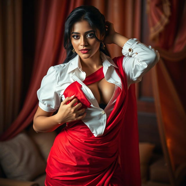 A hot Indian brunette maid playfully undressing her vibrant red saree, teasingly revealing her beautiful features and hinting at her figure