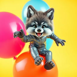 A playful and whimsical scene featuring a young furry wolf boy in a sleek latex suit