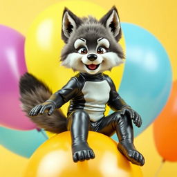 A playful and whimsical scene featuring a young furry wolf boy in a sleek latex suit