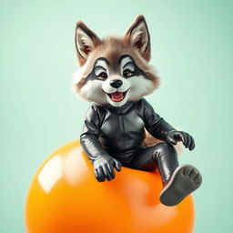 A playful and whimsical scene featuring a young furry wolf boy in a sleek latex suit
