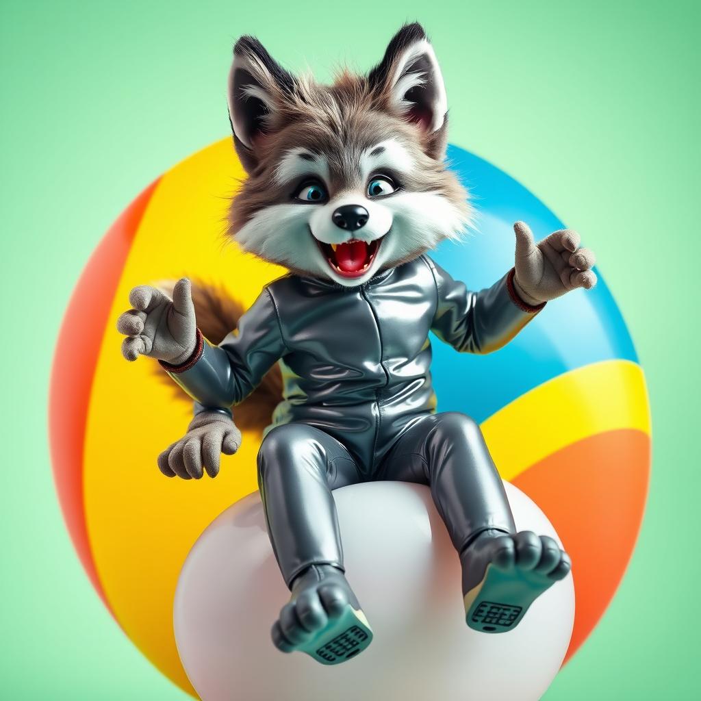 A playful and whimsical scene featuring a young furry wolf boy in a sleek latex suit