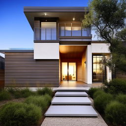 Modern house with aesthetically pleasing landscaping and sleek composite steps