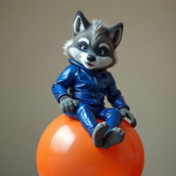 A young furry wolf boy wearing a shiny latex suit, playfully sitting and bouncing on a large colorful balloon