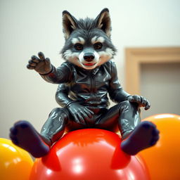 A young furry wolf boy wearing a shiny latex suit, playfully sitting and bouncing on a large colorful balloon