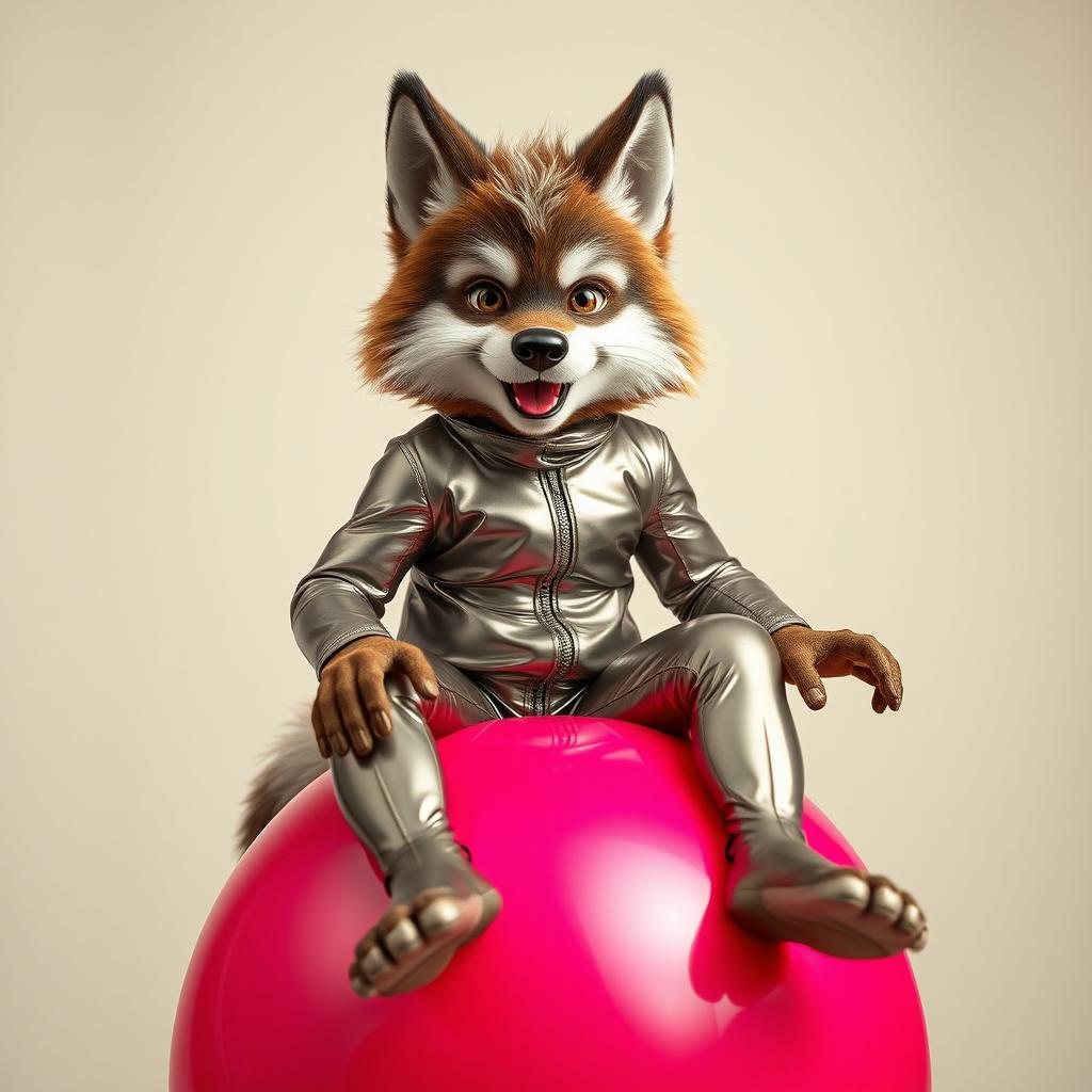 A young furry wolf boy wearing a shiny latex suit, playfully sitting and bouncing on a large colorful balloon