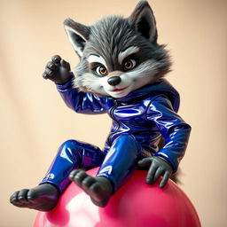 A young furry wolf boy wearing a shiny latex suit, playfully sitting and bouncing on a large colorful balloon