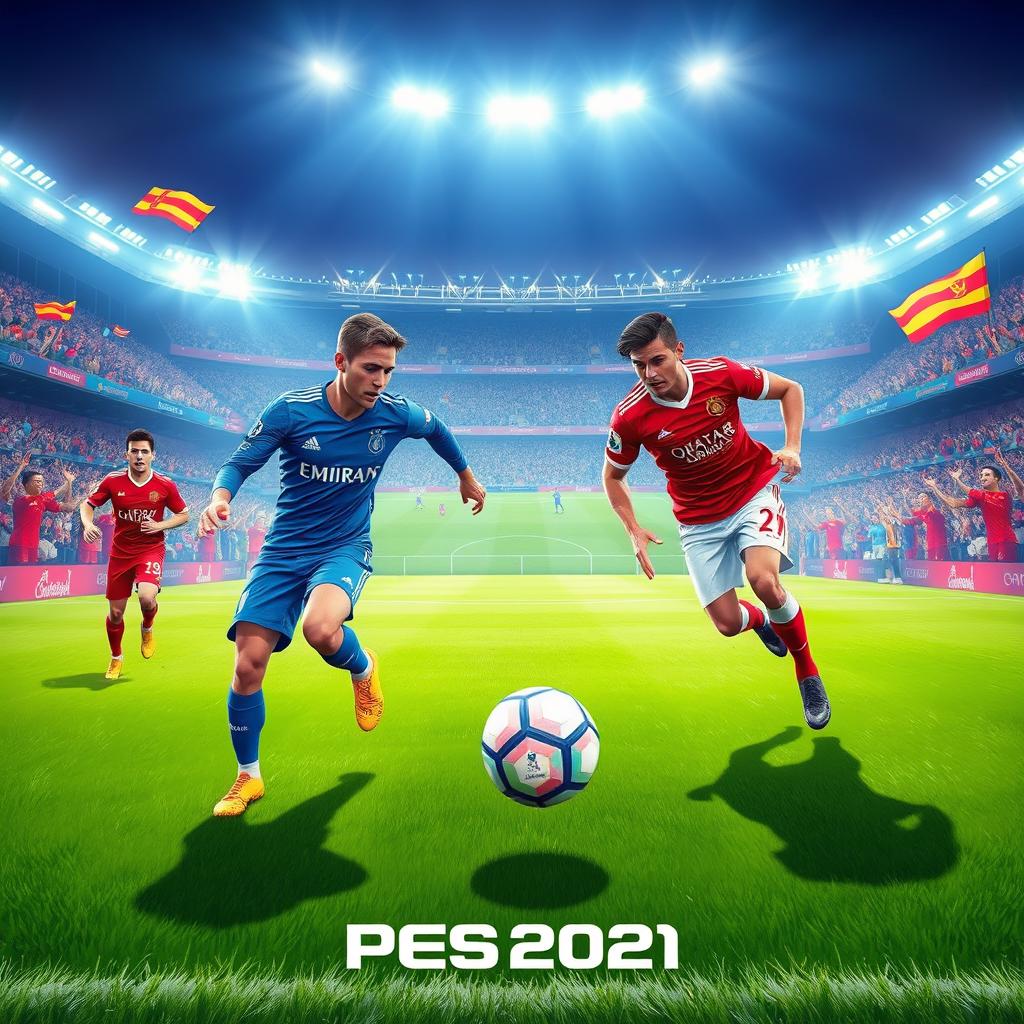 A vibrant and dynamic illustration of a football match scene from PES 2021, featuring two teams in action on a lush green pitch