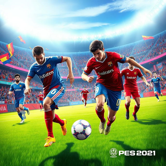 A vibrant and dynamic illustration of a football match scene from PES 2021, featuring two teams in action on a lush green pitch