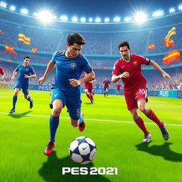 A vibrant and dynamic illustration of a football match scene from PES 2021, featuring two teams in action on a lush green pitch