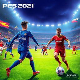 A vibrant and dynamic illustration of a football match scene from PES 2021, featuring two teams in action on a lush green pitch