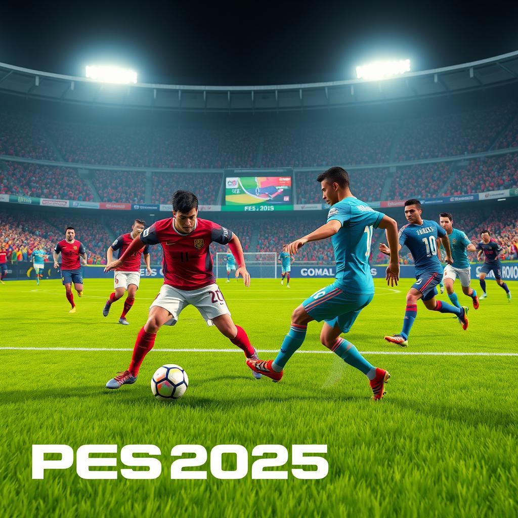 A vivid and dynamic football scene from the game PES 2025, showcasing intense action on the pitch