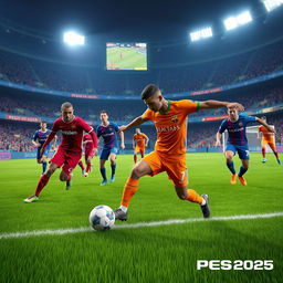 A vivid and dynamic football scene from the game PES 2025, showcasing intense action on the pitch
