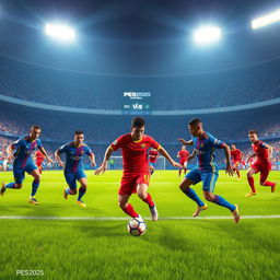 A vivid and dynamic football scene from the game PES 2025, showcasing intense action on the pitch