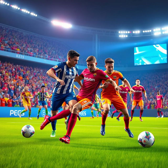 A vivid and dynamic football scene from the game PES 2025, showcasing intense action on the pitch