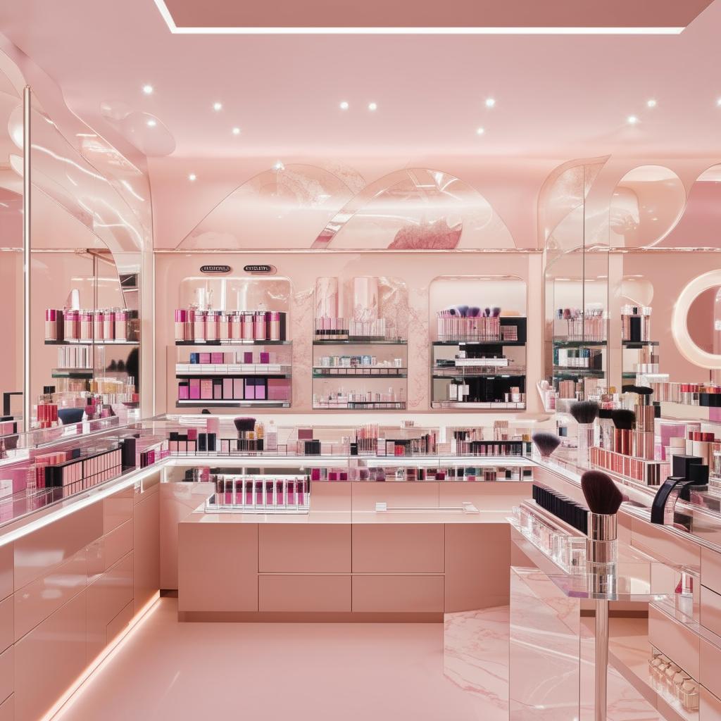 Interior of a chic cosmetics shop, filled with variety of makeup products neatly organized on contemporary display shelves. Accent predominate on metallic accents, glass counters, and blush-pink lightning.