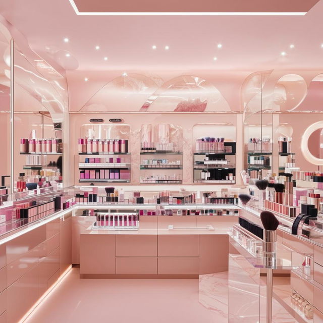 Interior of a chic cosmetics shop, filled with variety of makeup products neatly organized on contemporary display shelves. Accent predominate on metallic accents, glass counters, and blush-pink lightning.