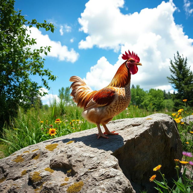 A chicken standing proudly on a large, textured rock amidst a natural outdoor setting