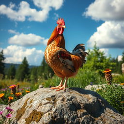 A chicken standing proudly on a large, textured rock amidst a natural outdoor setting